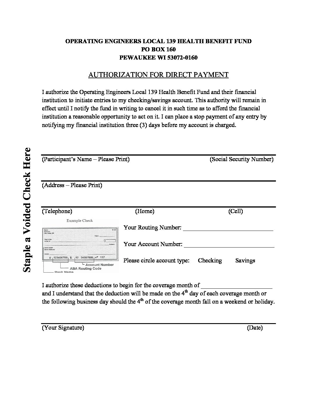 ACH Authorization Form – Operating Engineers Local 139 Health Benefit Fund