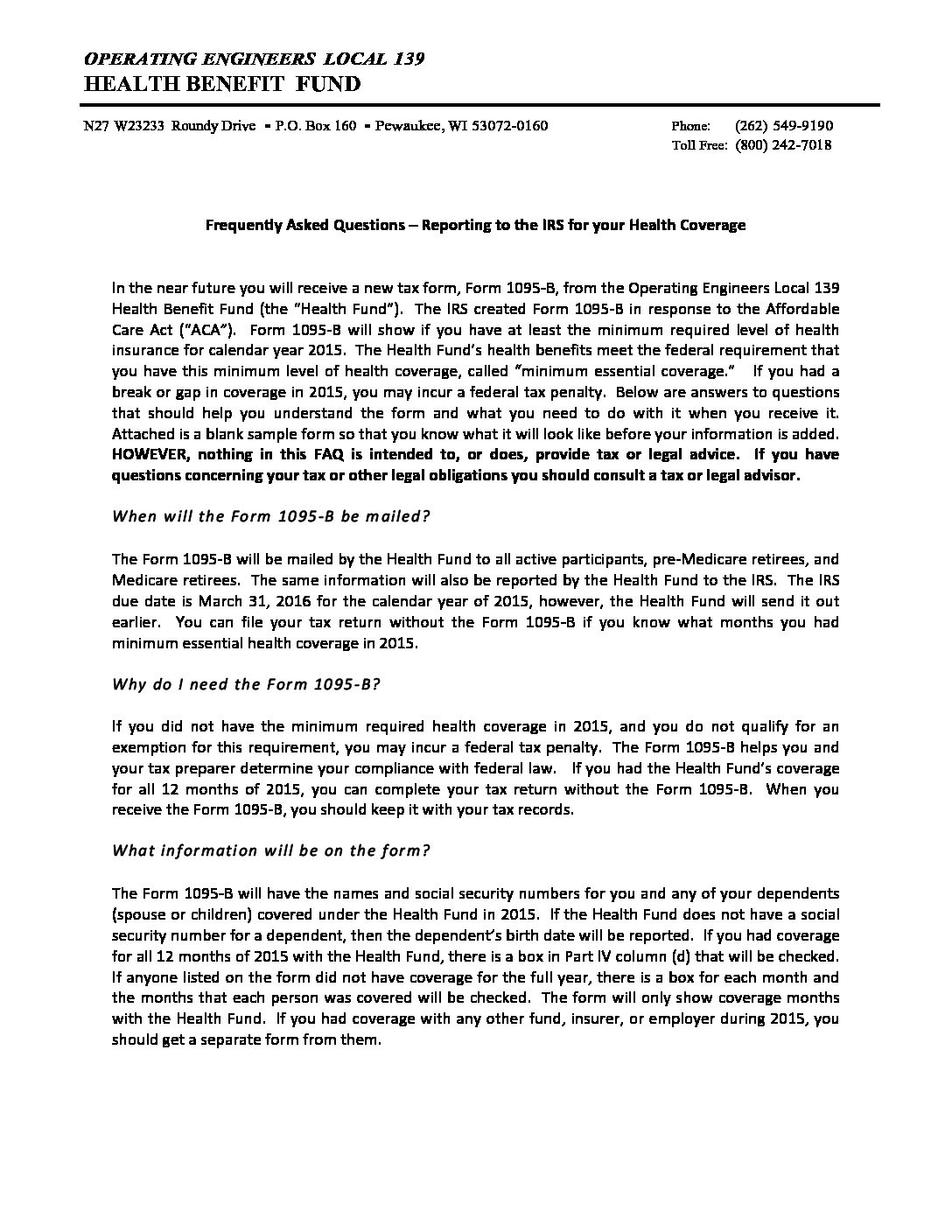 FAQ Form 1095B Operating Engineers Local 139 Health Benefit Fund
