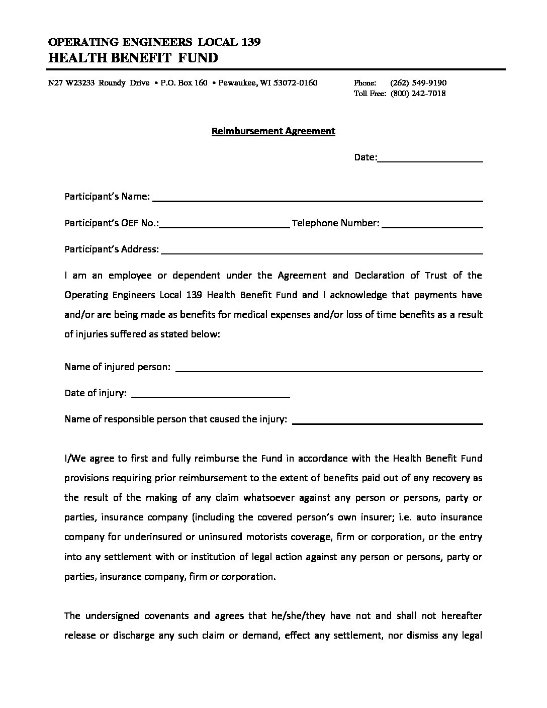 Reimbursement Agreement Operating Engineers Local 139 Health Benefit Fund