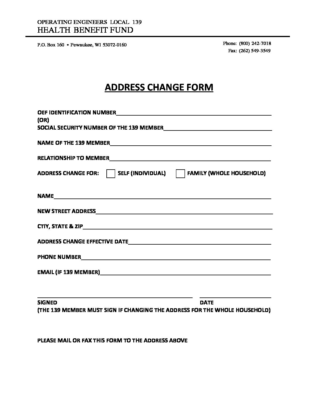 Address Change Form – Operating Engineers Local 139 Health Benefit Fund