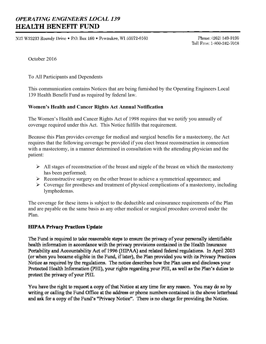 Annual Notice 2016 Operating Engineers Local 139 Health Benefit Fund