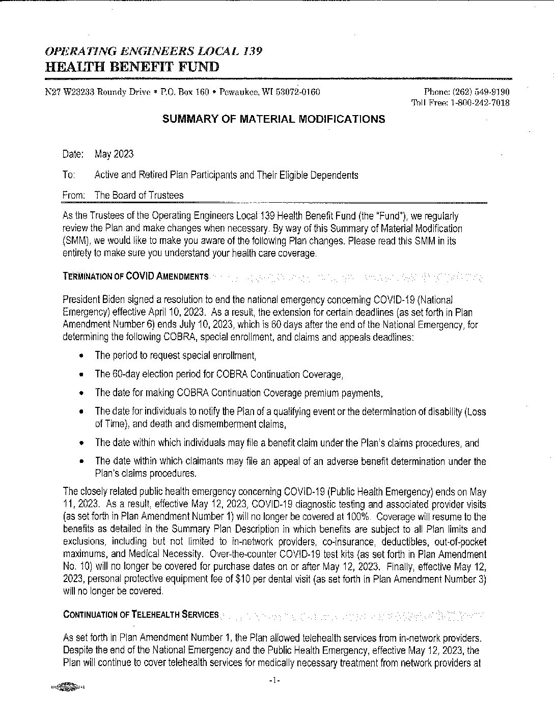 SMM re COVID End and Telehealth Continue Operating Engineers Local