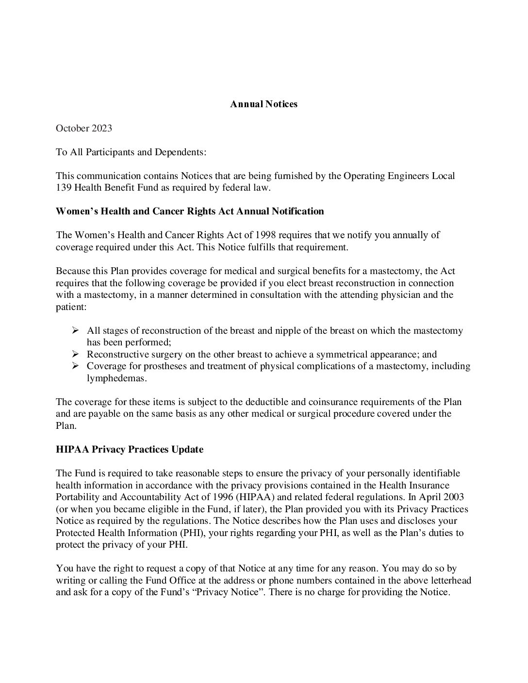 Annual Notice October 2023 Operating Engineers Local 139 Health